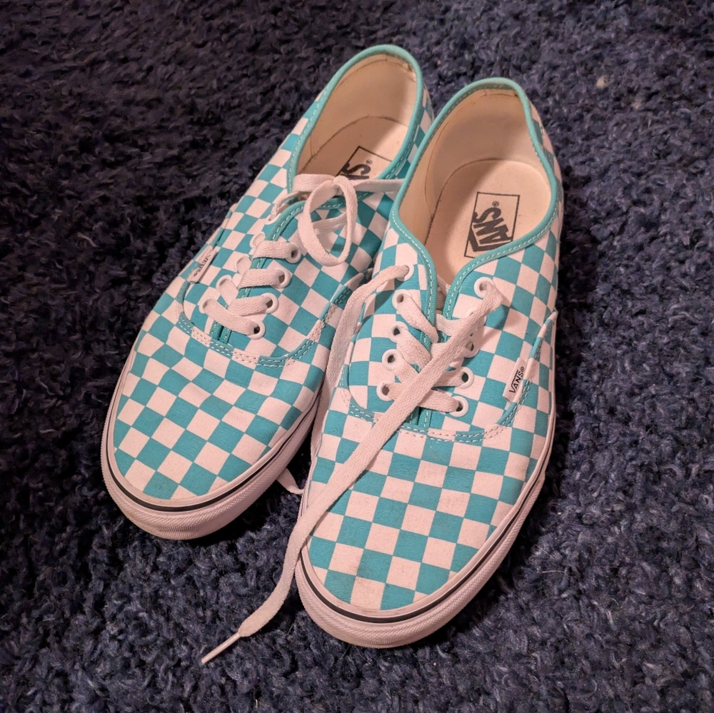 Vans Teal and White Checkered Sneakers 10.5